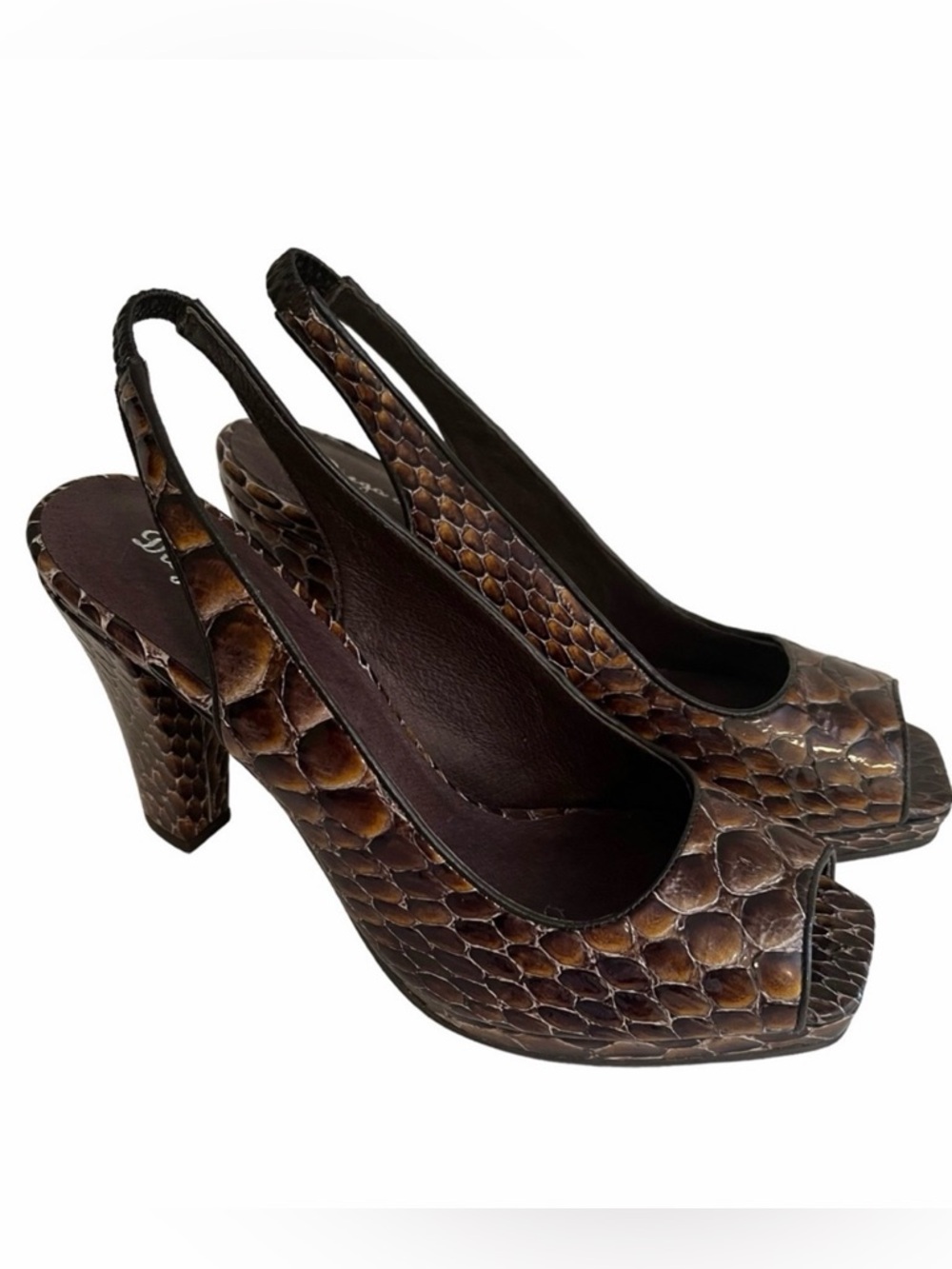 Diego Di Lucca Brown Reptile Embossed Leather Peep Toe Heel 8 NEW